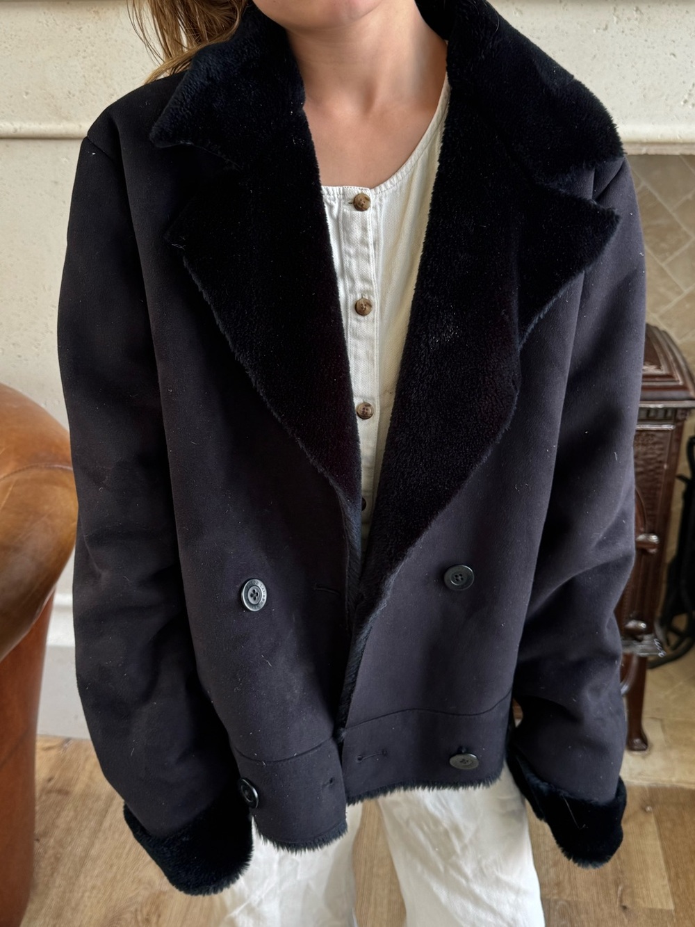 Ralph Lauren Black Double-Breasted Pea Coat with Faux Shearling Collar